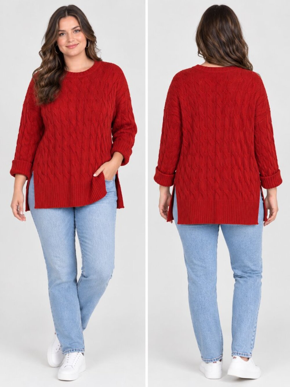 J.Crew Womens M/L Cable Knit Crewneck Sweater Red Side Slit Flip Cuff BM401